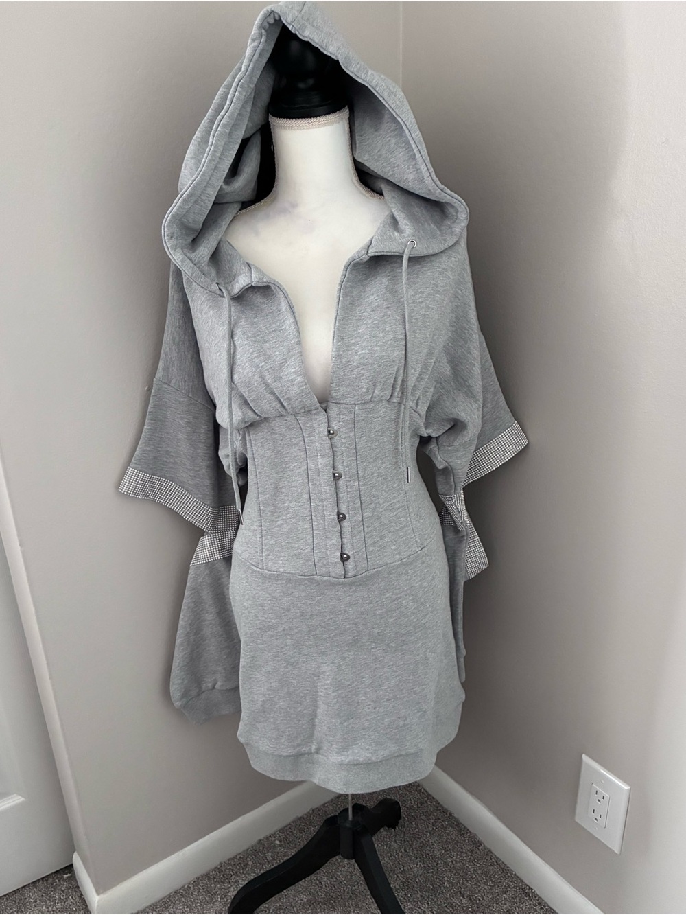 AKIRA Light Gray Hooded Midi Dress with Corset Waist